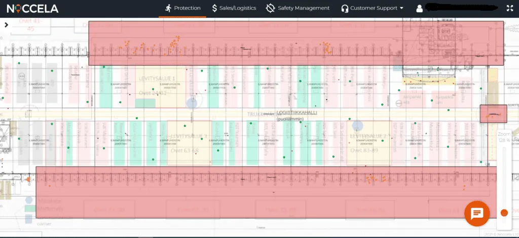 Floor plan of the Lieto terminal in the Noccela platform, with highlighted zones along the loading doors on both long sides of the building