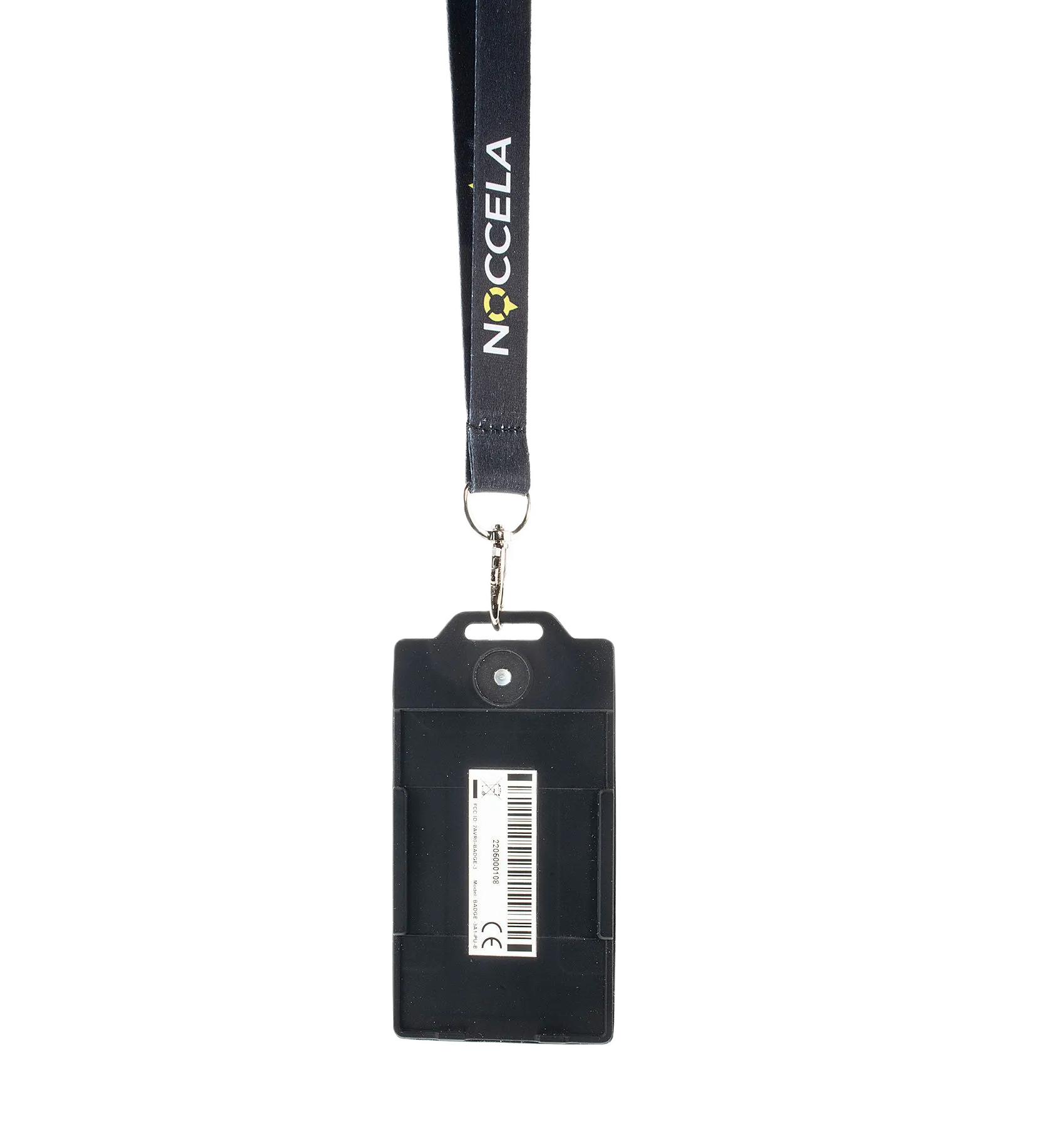 Noccela ID Badge on a black Noccela lanyard