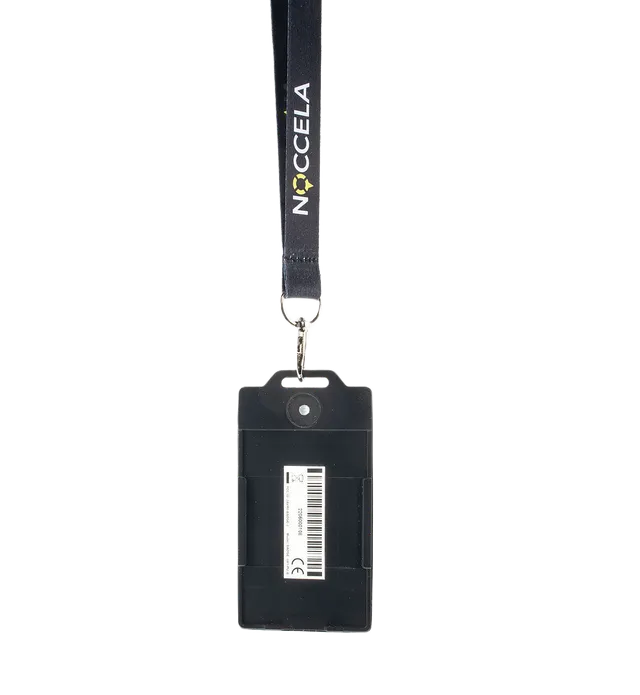 Noccela ID Badge on a black Noccela lanyard
