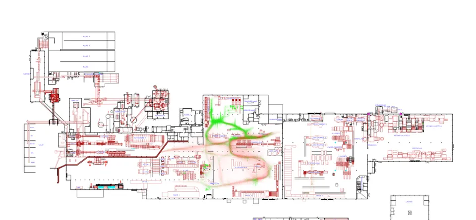 Floor plan of the Koskisen factory with a colour-coded overlay showing radio quality across the production hall